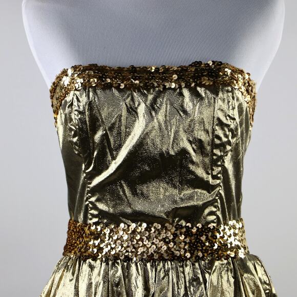 1980s XS Metallic Gold Strapless Gunne Sax Dress with Gold Sequin Belt - Picture 2 of 9